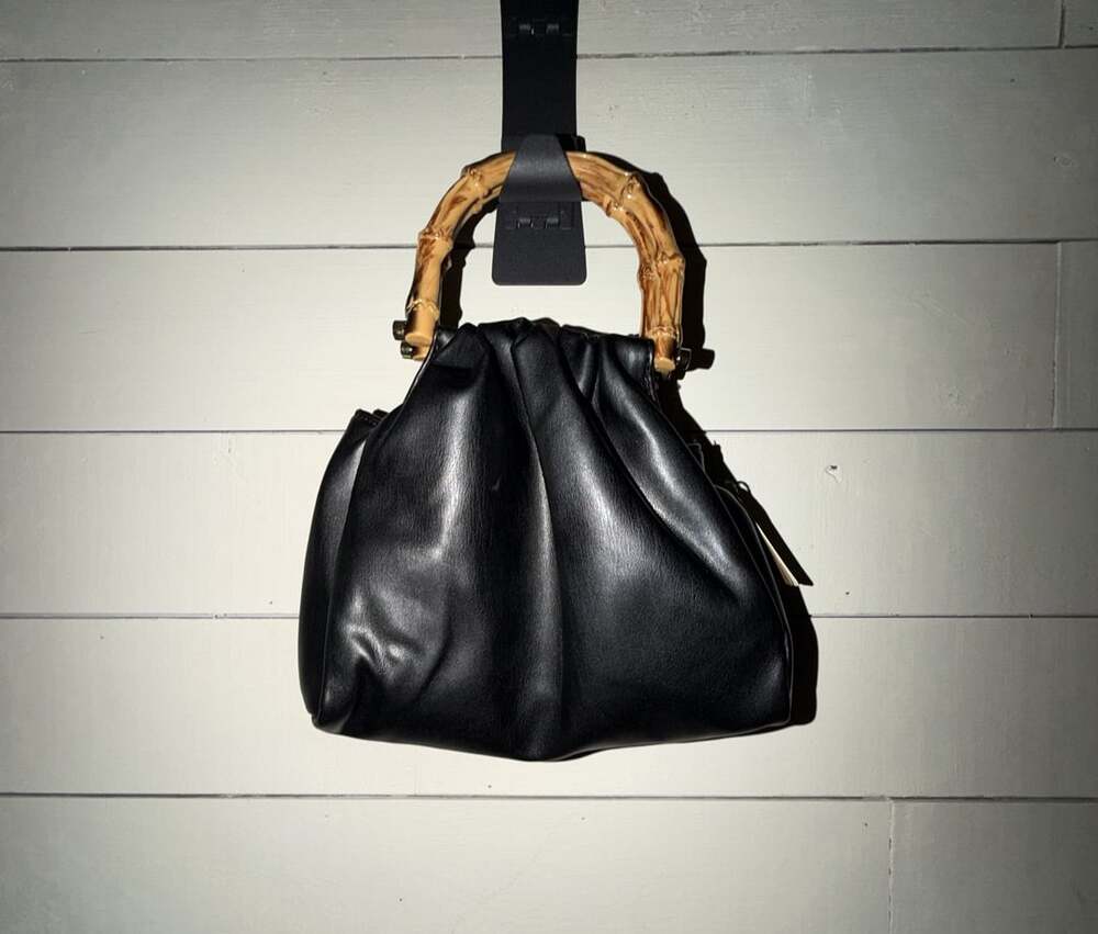 Hello 3AM Black Faux Leather Hobo Handbag with Bamboo Handle